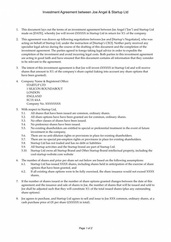 editable investment agreement contract template 1