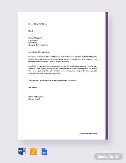 free early retirement resignation letter