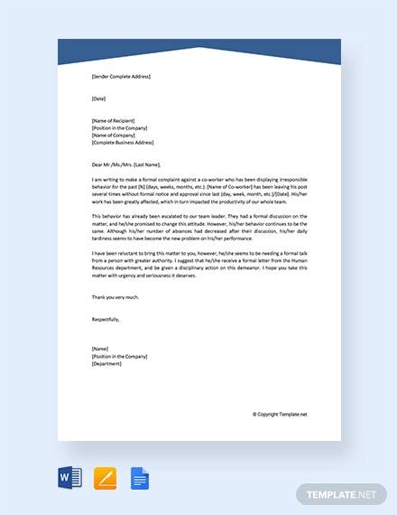 free formal complaint letter against a person