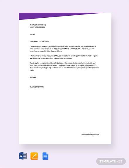 free formal complaint letter to landlord