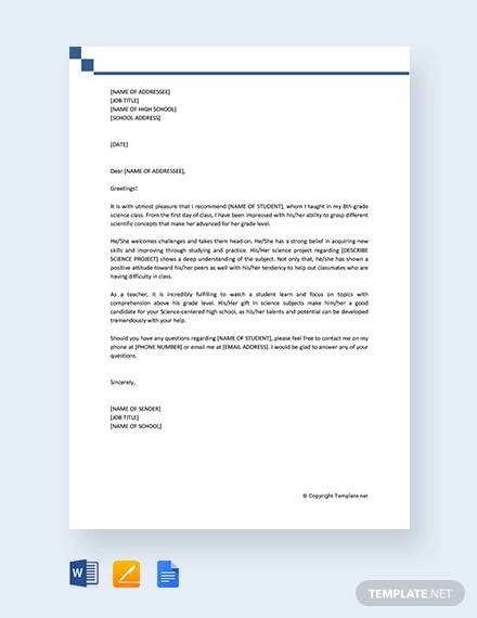 Free 9 Sample Recommendation Letter For High School Student In Pdf Ms Word Pages Google Docs