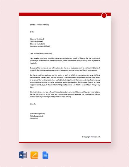 free professional reference letter for nurse