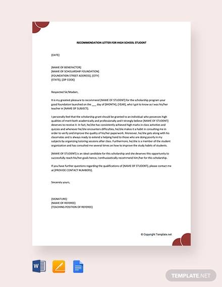 free recommendation letter for high school student