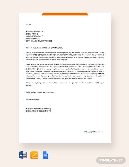 free retirement resignation letter to employer