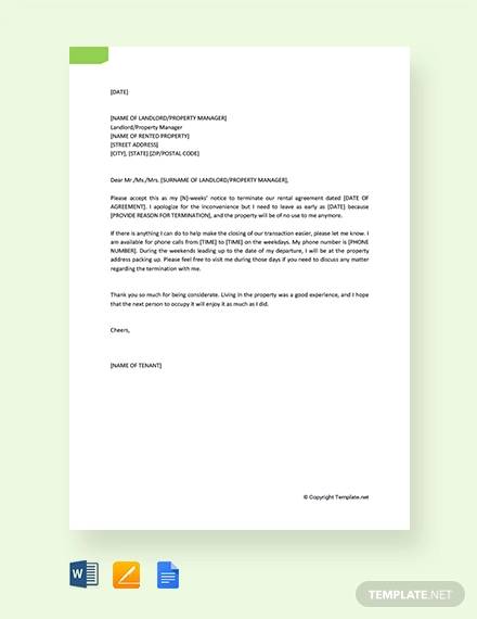 free termination of rental agreement letter by tenant