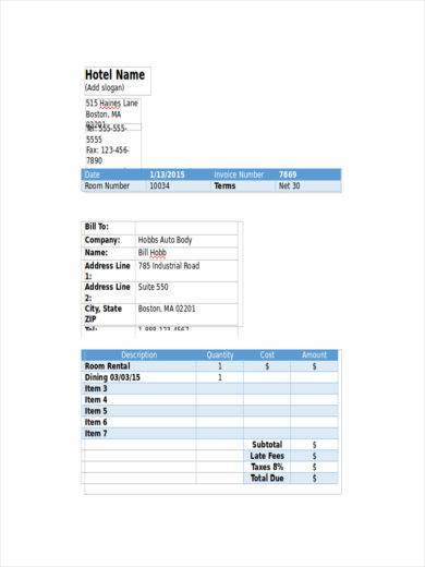 hotel bill receipt template