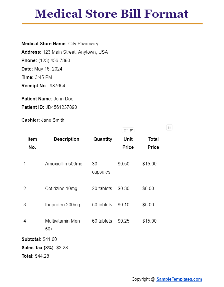 medical store bill format