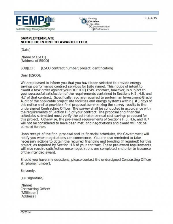 notice of intent to award letter sample template