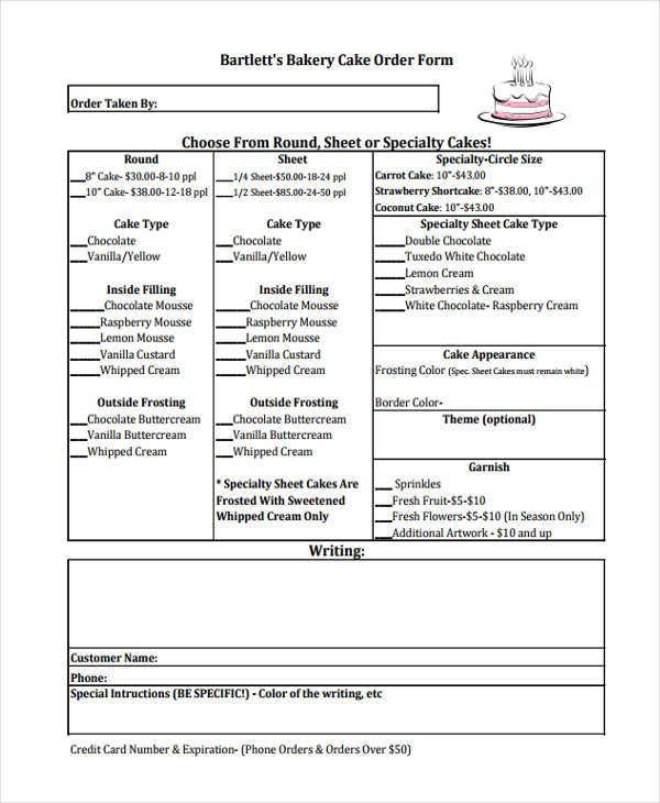 bakery cake order template