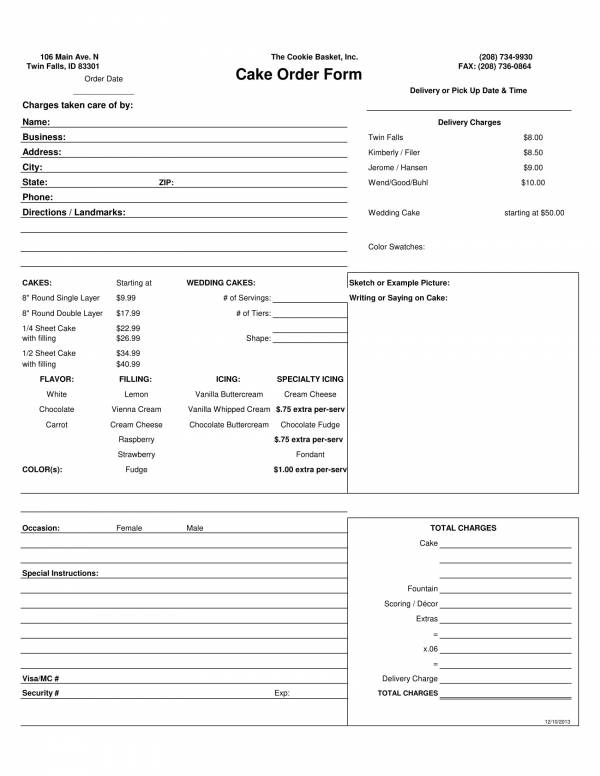 Cake Order Form Template Word