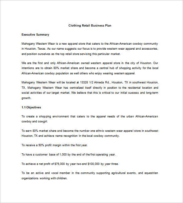 clothing retail business plan template