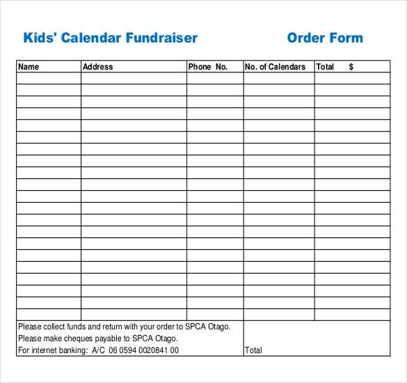 kids calendar fundraiser order form template