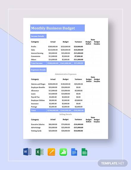 monthly business budget template excel