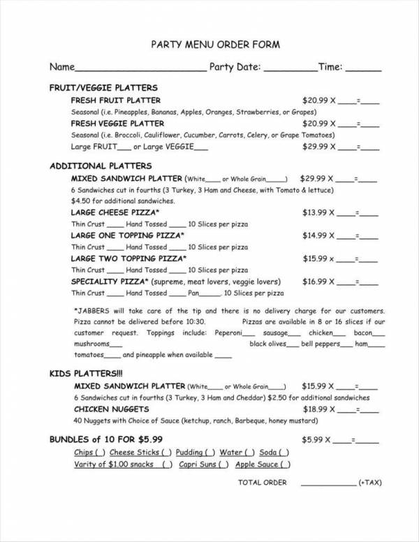 party menu order template