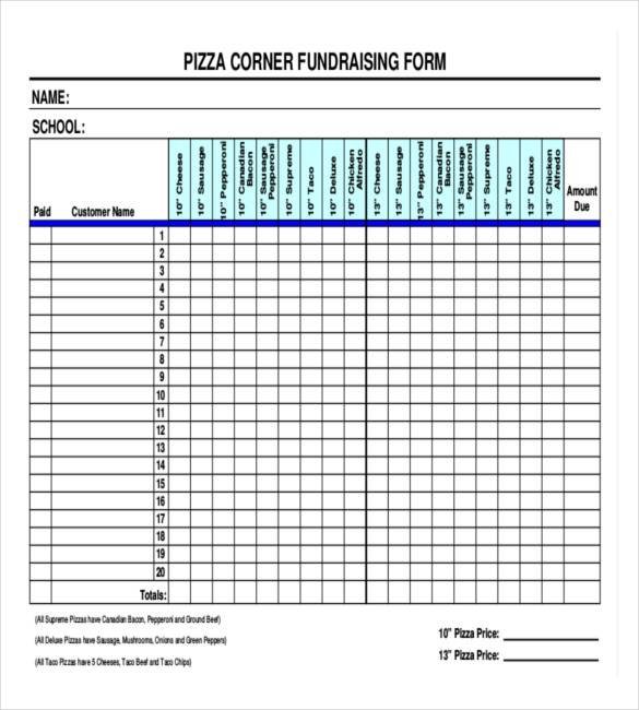 pizza corner fundraising order form template