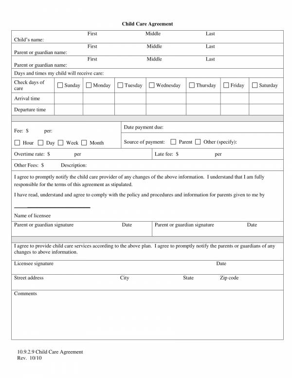 printable child care agreement template 1