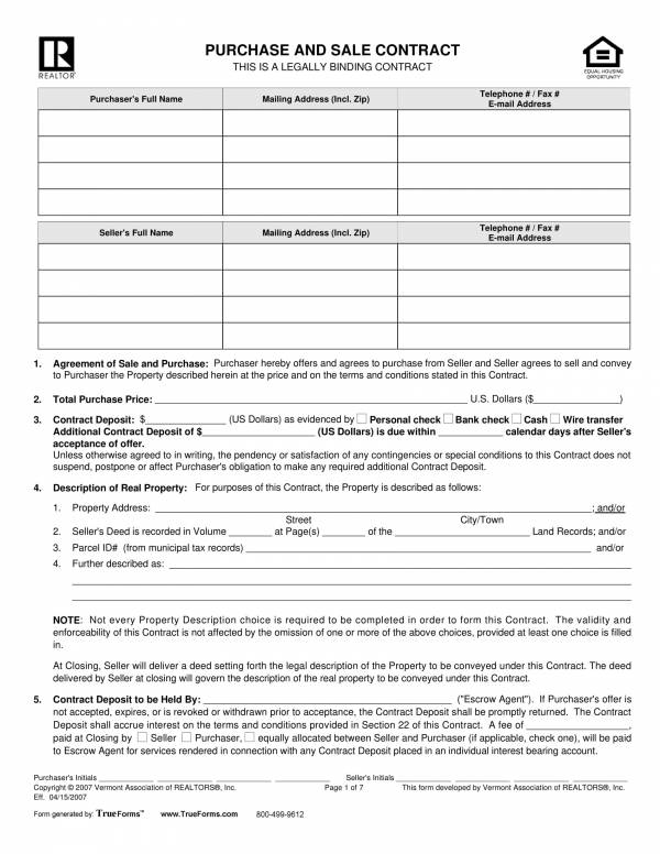 printable real estate purchase sale contract template 1