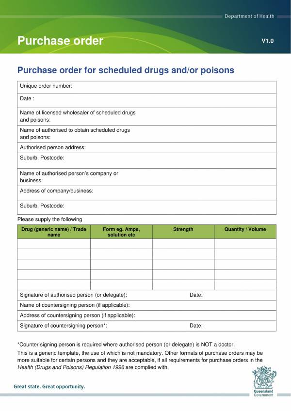 purchase order template for scheduled drugs poison 1