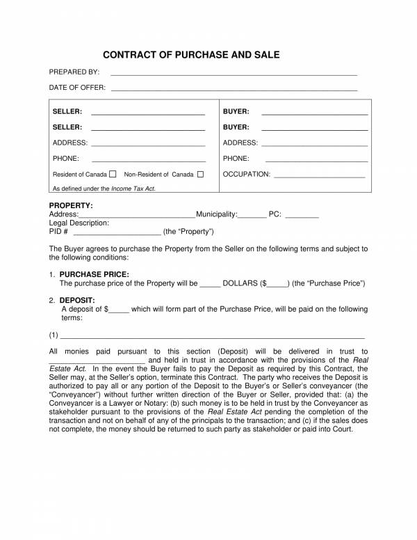real estate contract of purchase sale template 1