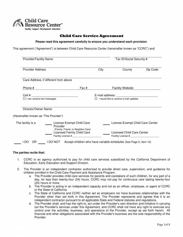 resource center child care service agreement template 1