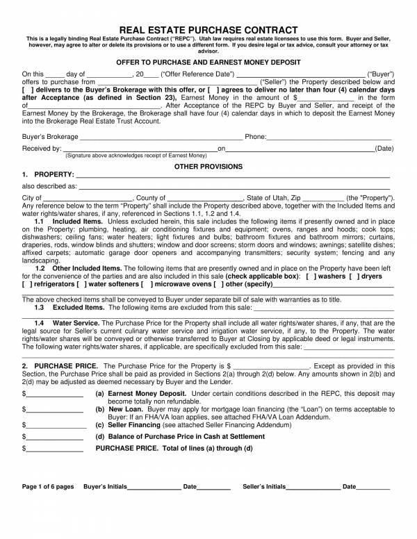 utah real estate purchase contract template 1