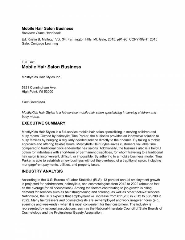 mobile hair salon business plan sample 1