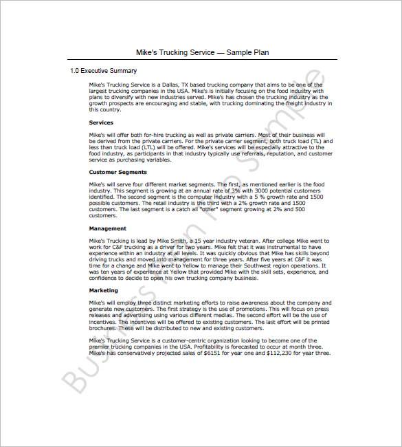 trucking service business plan sample