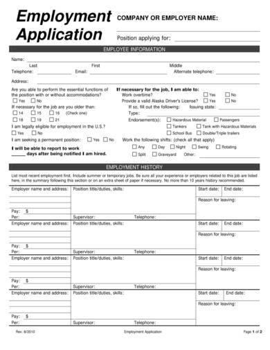 detailed employment application form