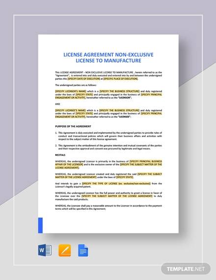 license agreement non exclusive license to manufacture template