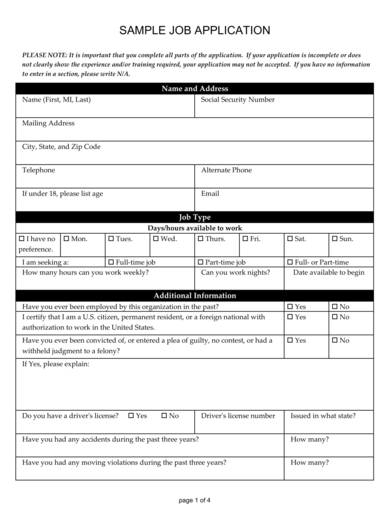 printable employment application form sample