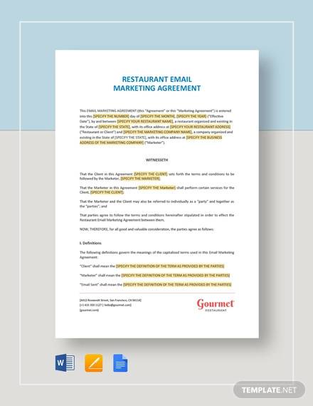 restaurant email marketing agreement template