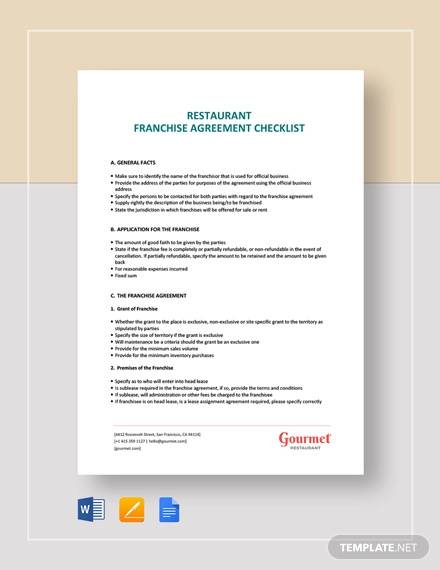 restaurant franchise agreement checklist template