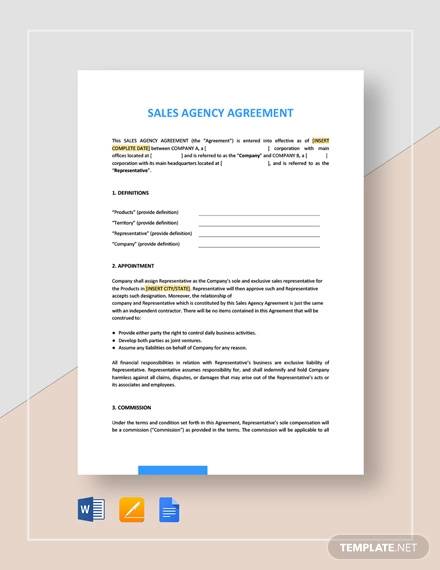 FREE 11 Sales Agency Agreement Templates In PDF MS Word Google 