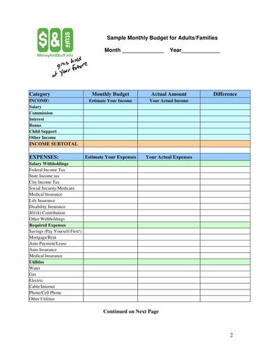 sample monthly budget for adults
