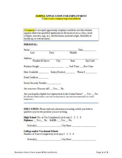 simple employment application form sample