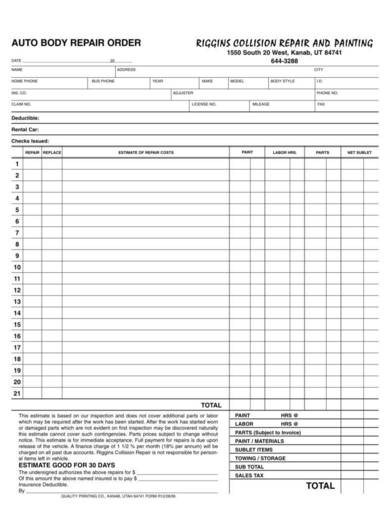 Free Printable Auto Body Repair Estimate Forms