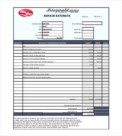 auto repair estimate template