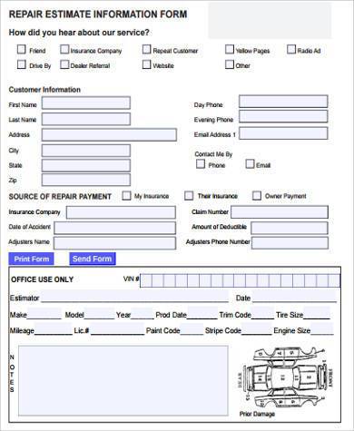 automotive repair estimate form sample