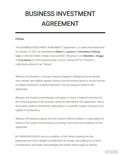 business investment agreement template