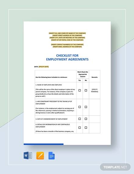 checklist for employment agreement template