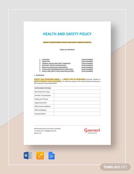 FREE 12+ Health and Safety Policy Templates in Google Docs | Pages | MS Word
