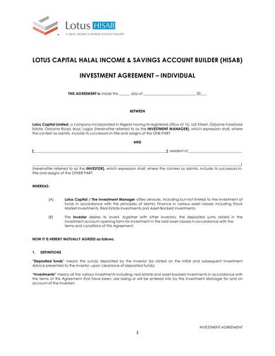 individual investment agreement sample 1