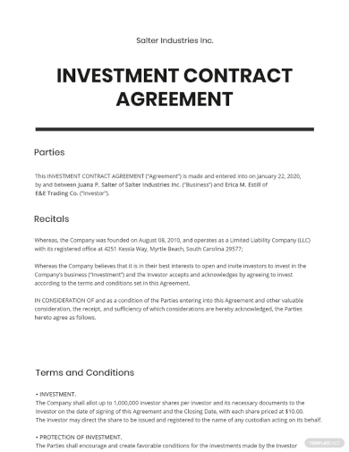 investment contract agreement template