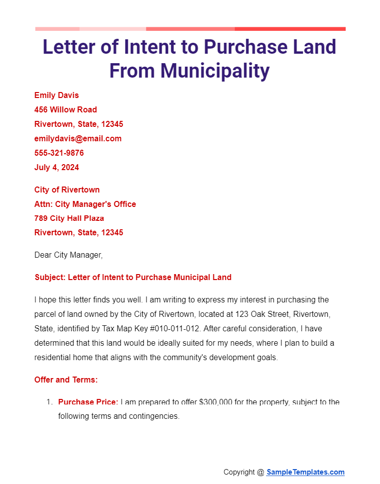 letter of intent to purchase land from municipality