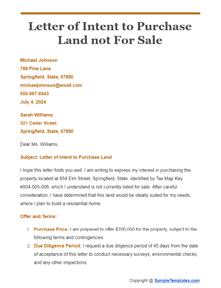 letter of intent to purchase land not for sale