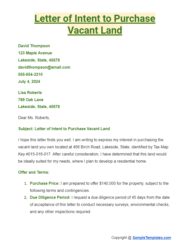 letter of intent to purchase vacant land