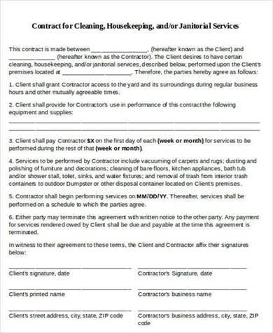 printable cleaning contract template