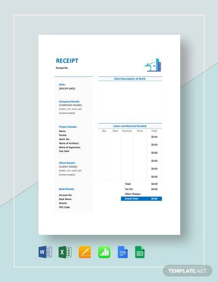 sample construction receipt template