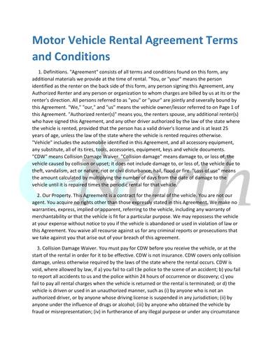 sample motor vehicle rental agreement 1