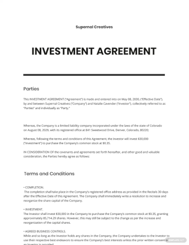 startup investment agreement template